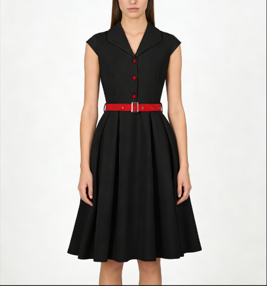 Vintage style, Black color, Red waist belt, Contrast red buttons, A-line skirt, Sleeveless design, Shift dress, Tailored collar, Lightweight fabric, Elegant retro fashion #N23822