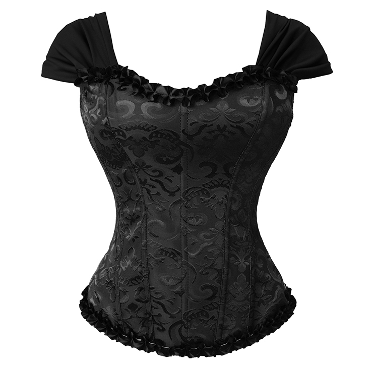 vintage corset, black bustier, ruffled sleeves, square neck corset, adjustable lace-up, retro shapewear, lace bustier, vintage lingerie, waist training corset, romantic corset top, black lace bodysuit, Victorian style corset, sheer corset, evening wear corset, gothic lingerie #N237863