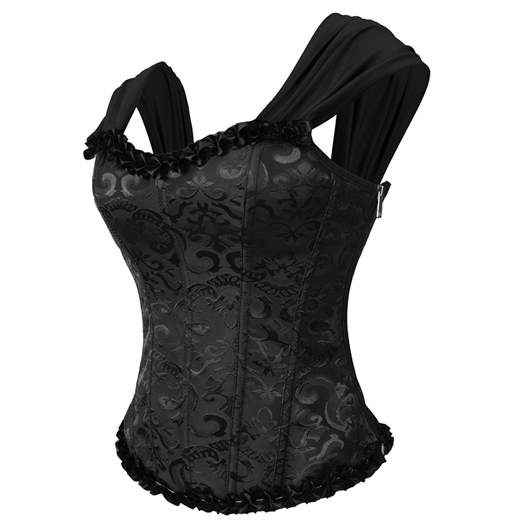 Black Vintage Corset Top with Ruffle Sleeves - Adjustable Lace-Up Square Neck Bustier N237863