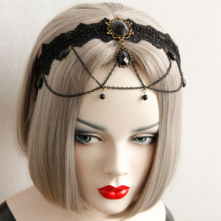 Black Vintage Lace Dark Gems Metal Chain Hair Clasp J12857
