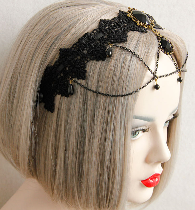 Black Vintage Lace Dark Gems Metal Chain Hair Clasp J12857