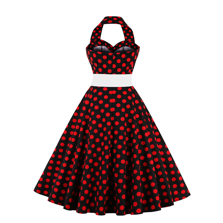 Vintage Red Wave Point Printing Black Hanging Neck Backless Cocktail Party Midi Dress N23005