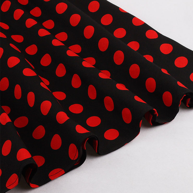 Vintage Red Wave Point Printing Black Hanging Neck Backless Cocktail Party Midi Dress N23005