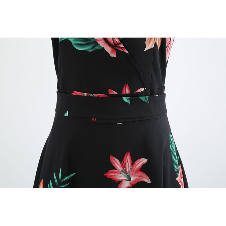 Black Women's Vintage V Neck Sleeveless Floral Printed Swing Summer Day Dress N18577