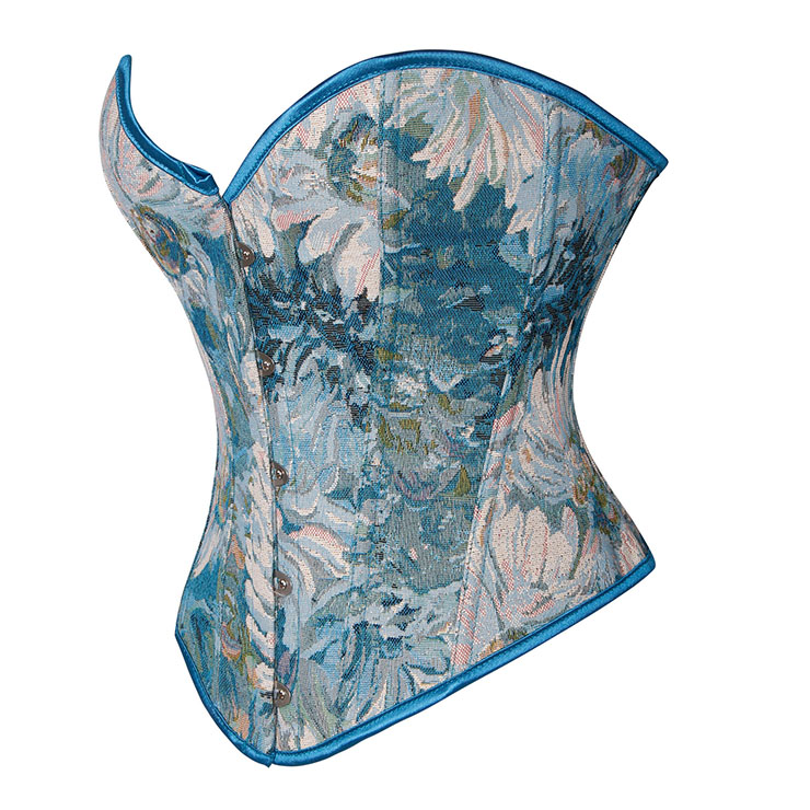 Fashion Blue Chrysanthemum Print Plastic Boned Body Shaper Overbust Corset N22297
