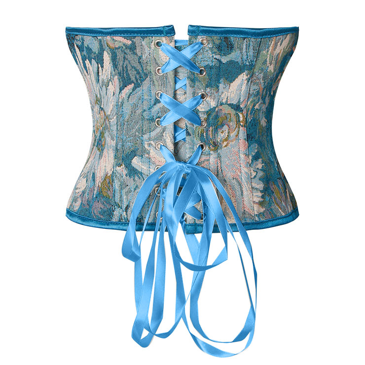 Fashion Blue Chrysanthemum Print Plastic Boned Body Shaper Overbust Corset N22297