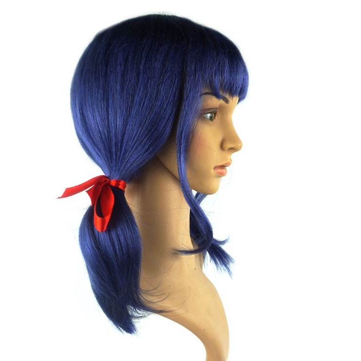 Women's Fashion Blue Double Braid With Red Ribbon Ladybug Cosplay Party Bangs Wigs MS20904