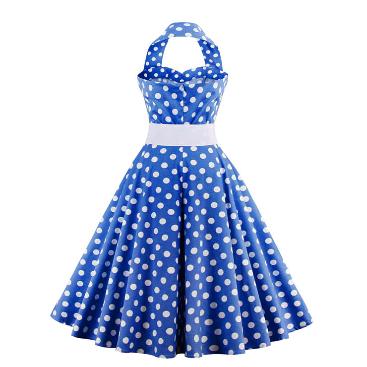 Vintage Wave Point Printing Blue Hanging Neck Backless Cocktail Party Midi Dress N23003