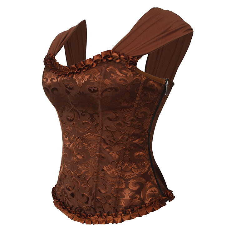 Brown Lace-Up Dance Bustier Corset with Ruffle Shoulder Straps and Scalloped Hem N237868