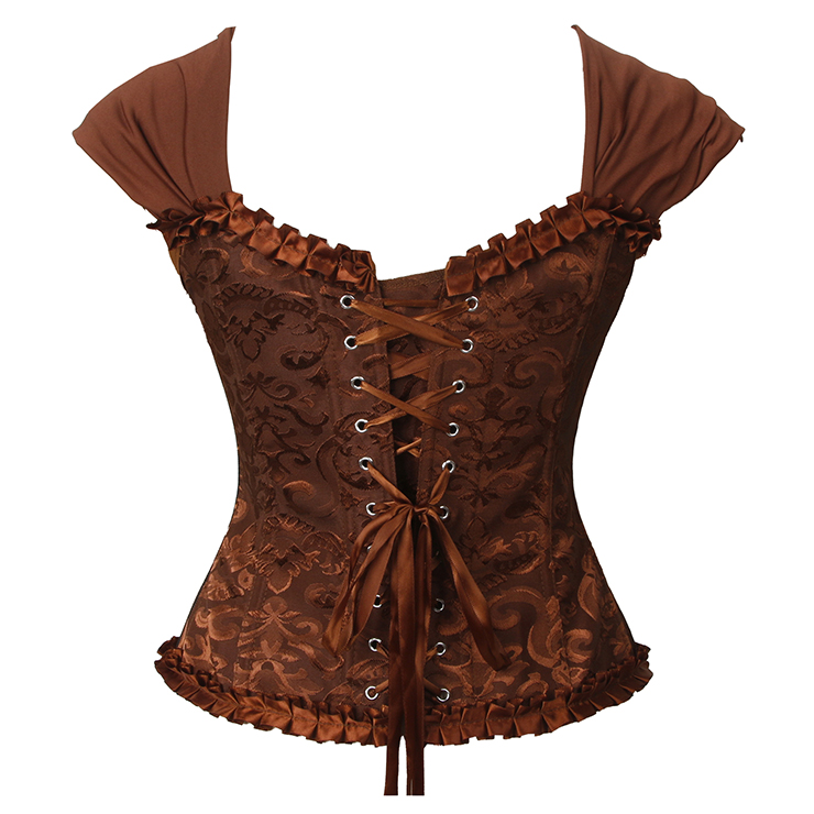 Brown Lace-Up Dance Bustier Corset with Ruffle Shoulder Straps and Scalloped Hem N237868