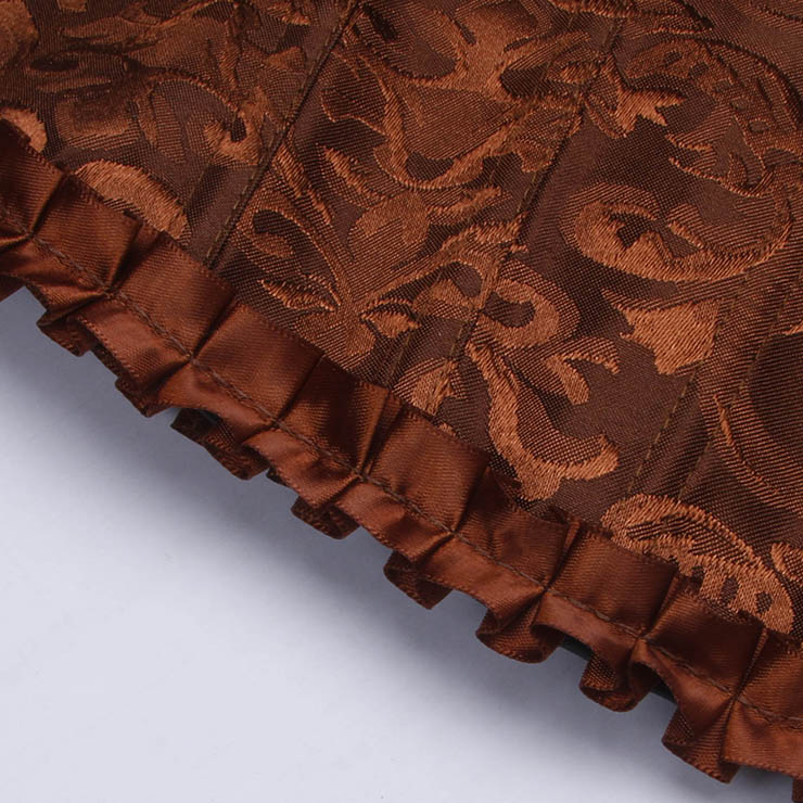 Brown Lace-Up Dance Bustier Corset with Ruffle Shoulder Straps and Scalloped Hem N237868
