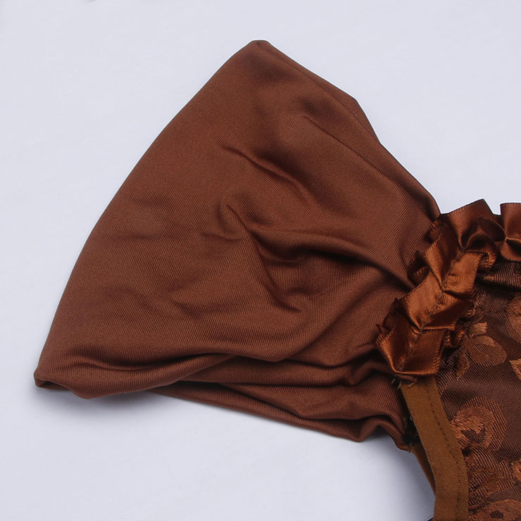Brown Lace-Up Dance Bustier Corset with Ruffle Shoulder Straps and Scalloped Hem N237868