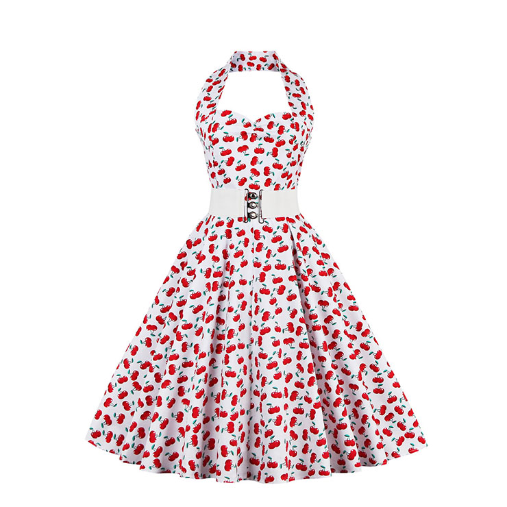 Vintage Red Cherry Printing Hanging Neck Backless Cocktail Party Midi Dress N23006