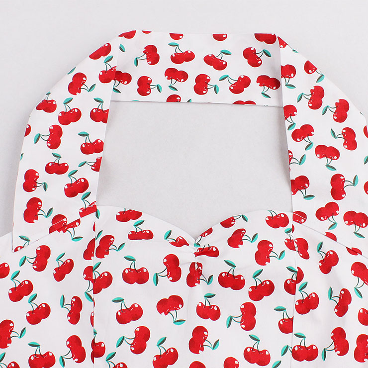 Vintage Red Cherry Printing Hanging Neck Backless Cocktail Party Midi Dress N23006