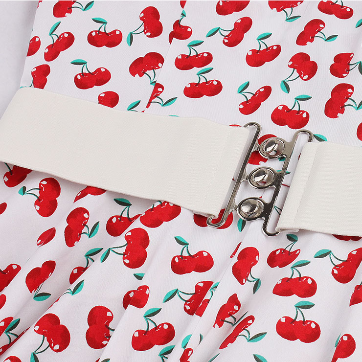 Vintage Red Cherry Printing Hanging Neck Backless Cocktail Party Midi Dress N23006