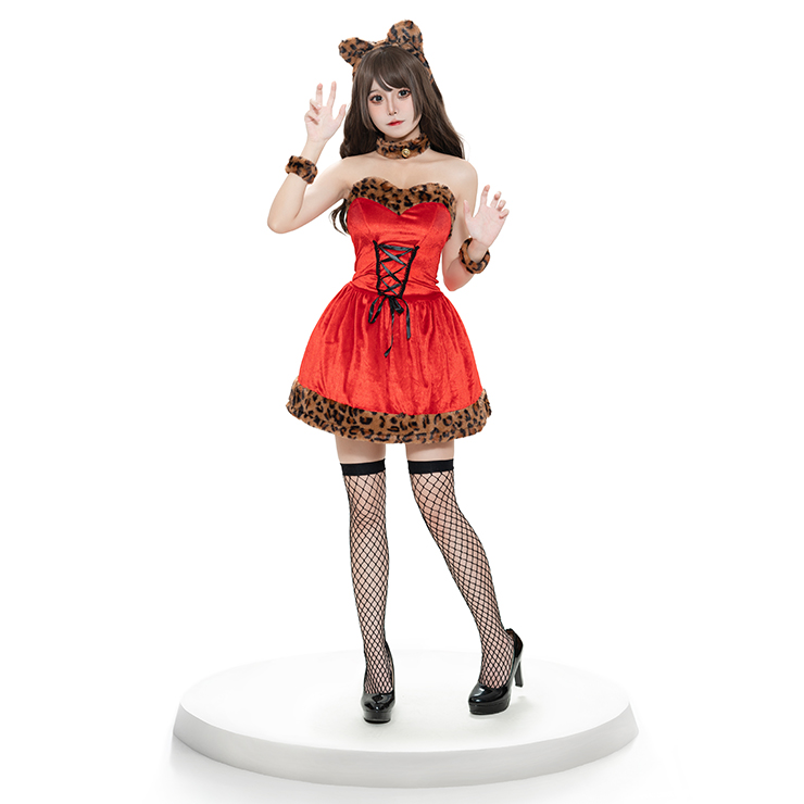 Christmas costume set, leopard print dress, cat ear headband, choker necklace, wrist cuffs, festive party wear, Christmas photo shoot, red and animal print, women's Christmas outfit, holiday costume accessories #XT237837