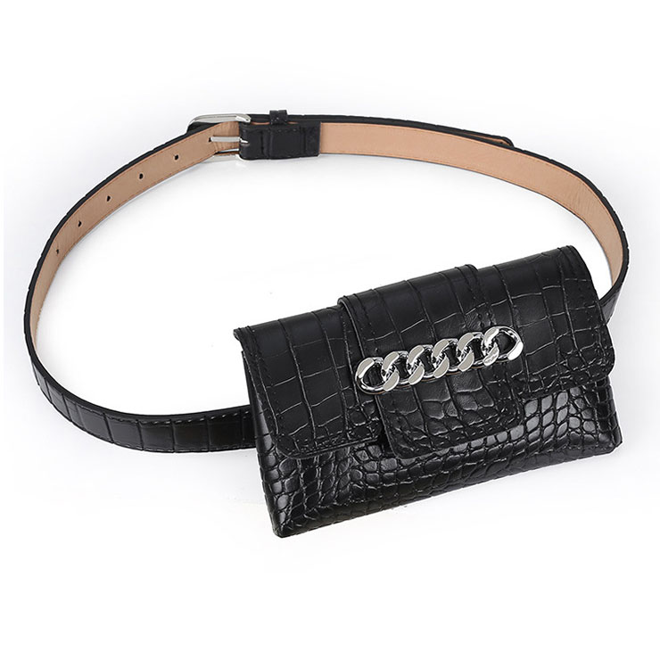 Fashion Crocodile Embossed PU Leather Removable Silver Ring Mini Pouch Travel Waist Belt N19163