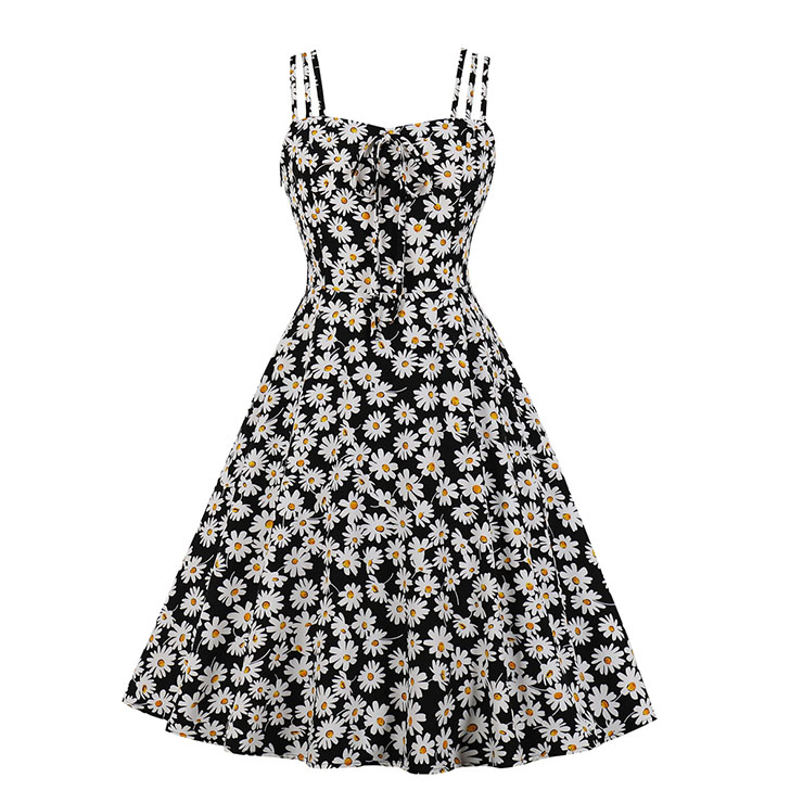 Cute Daisy Print Spaghetti Straps Sleeveless High Waist Summer Party Swing Slip Dress N20433