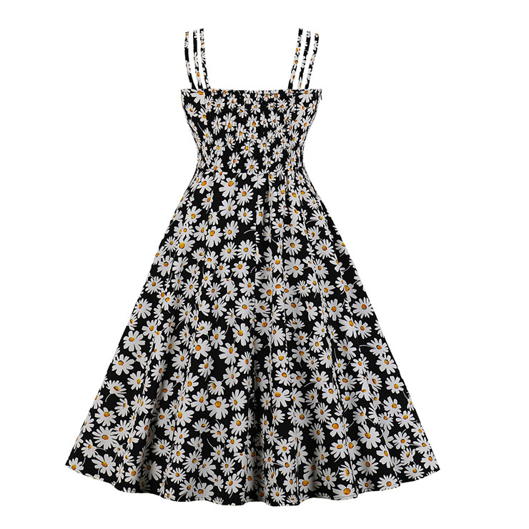 Cute Daisy Print Spaghetti Straps Sleeveless High Waist Summer Party Swing Slip Dress N20433
