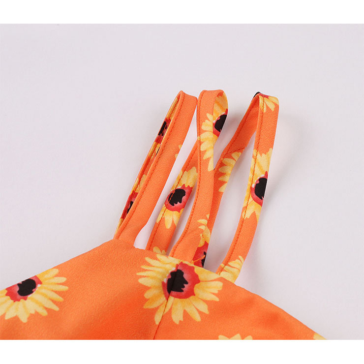 Cute Daisy Print Spaghetti Straps Sleeveless High Waist Summer Party Swing Slip Dress N20435