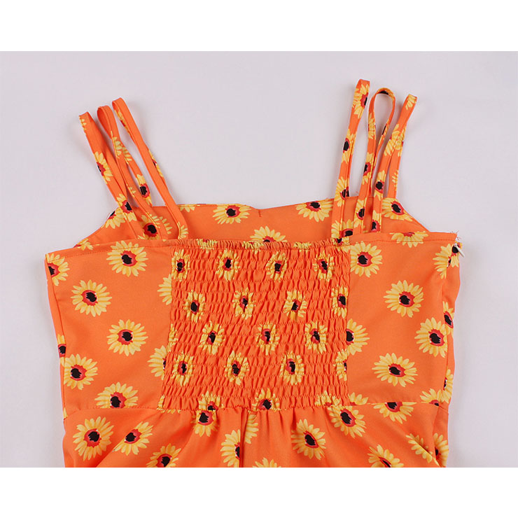 Cute Daisy Print Spaghetti Straps Sleeveless High Waist Summer Party Swing Slip Dress N20435