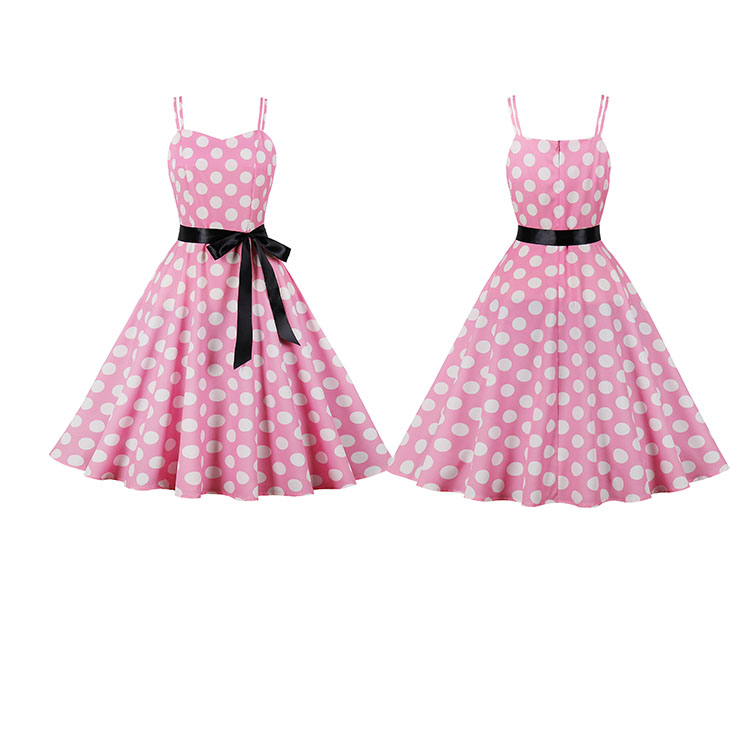 Pink Print White Wave Point Sleeveless High Waist Summer Party Swing Slip Dress N23013