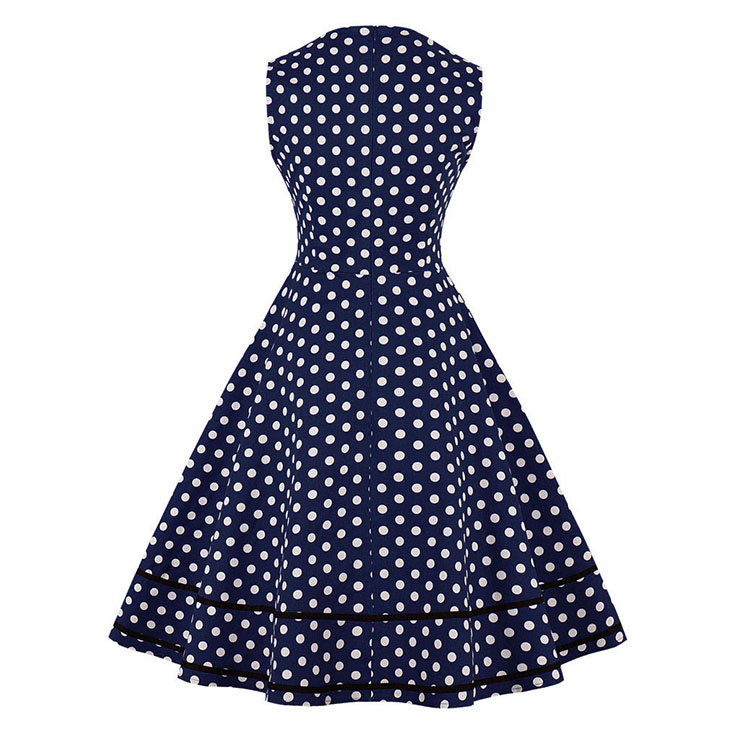 Women's Dark Blue Vintage Sleeveless Dot Print Plus Size Swing Dress N15962