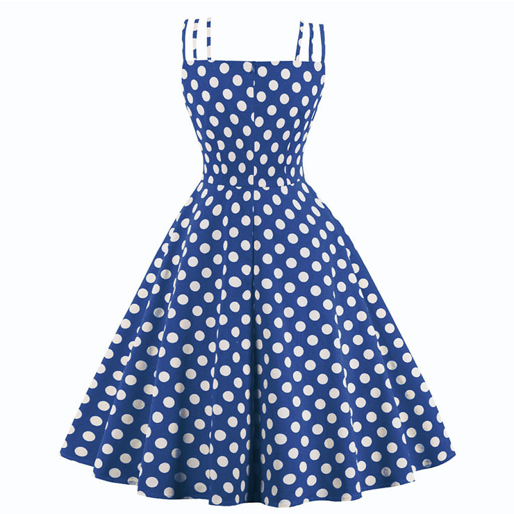 Sexy Dark-blue Vintage Strappy Polka Dot Printed Swing Summer Day Dress N22987