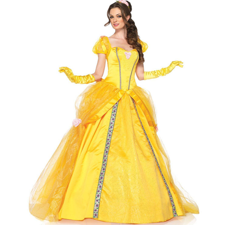 Women's Deluxe Yellow Princess Maxi Dress Fairy Tale Adult Cosplay Halloween  Costume N22570