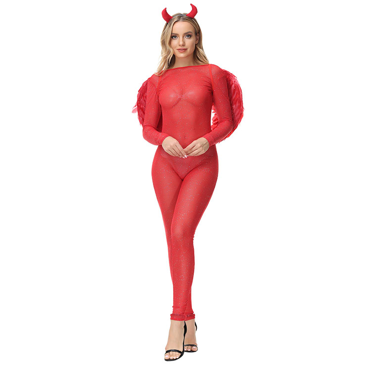 Sexy Red Devil Elastic Jumpsuit with Wings and Horns Halloween Demon Masquerade Costume N21629