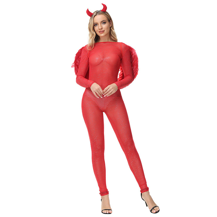 Sexy Red Devil Elastic Jumpsuit with Wings and Horns Halloween Demon Masquerade Costume N21629