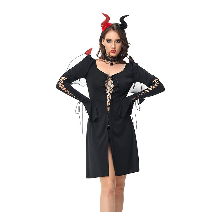Sexy Black Devil Lace-up Mini Dress Nightclub Party Masquerade Costume N23241