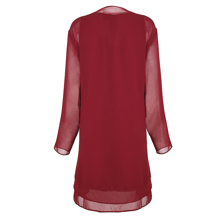 2pcs Elegant Wine Red Chiffon Scoop Neck Tank Dress and Tulle Thin Coat Office Lady Suit N18746