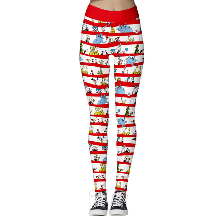 Fashion 3D Digital Print Red and White Stripe Chic Animals Christmas Slim Elastic Leggings L21562