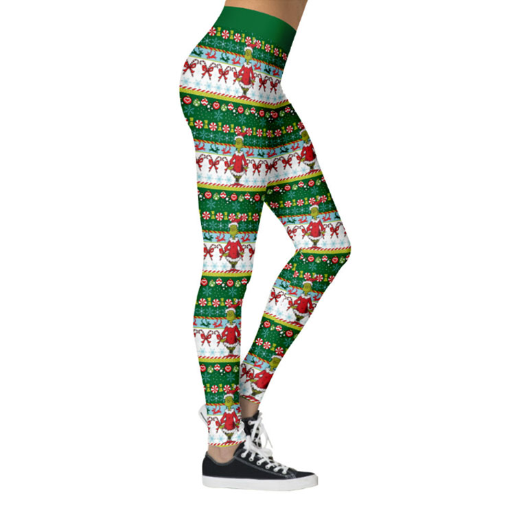 Fashion 3D Digital Print Green Monster Stealing Christmas High Waist Elastic Leggings L21565
