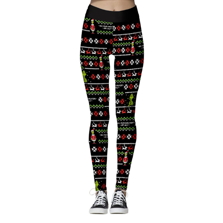 Fashion 3D Digital Print Green Monster Christmas Reindeer High Waist Elastic Yoga Leggings L21566