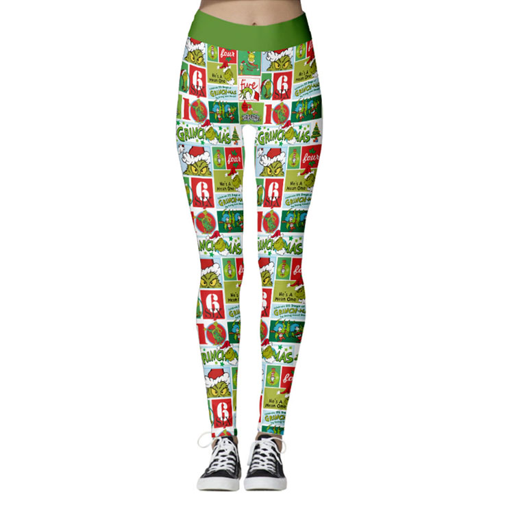 Fashion 3D Digital Print Green Monster Stealing Christmas High Waist Elastic Slim Leggings L21567