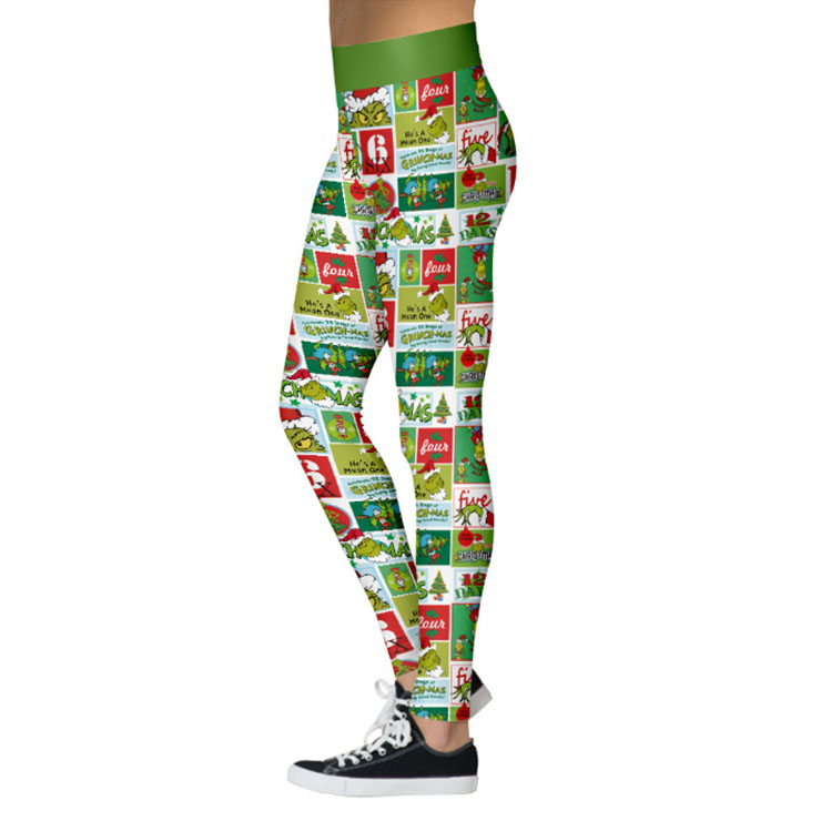 Fashion 3D Digital Print Green Monster Stealing Christmas High Waist Elastic Slim Leggings L21567