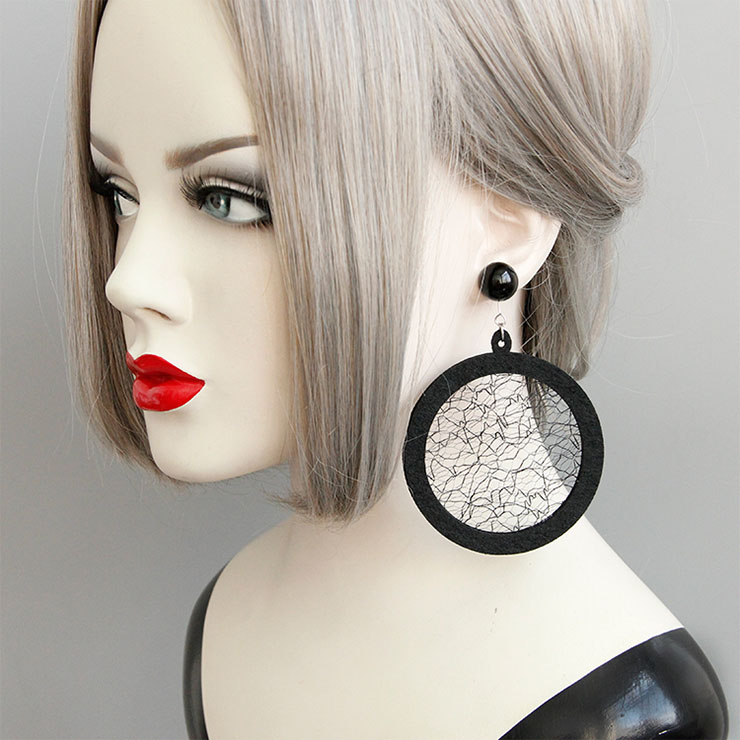Fashion Black Gem with Big Circle and Mesh Decoration Earrings J18389