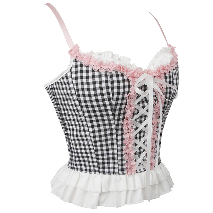 Vintage-Style Gingham Corset Top with Lace Trim - Women's Fashion Blouse N23749