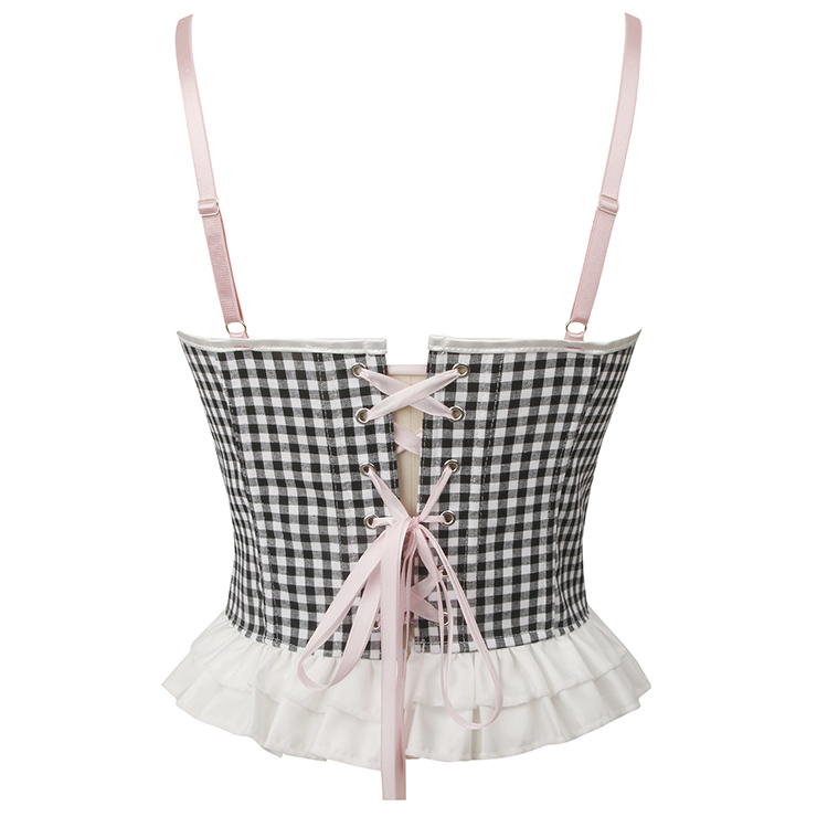 Vintage-Style Gingham Corset Top with Lace Trim - Women's Fashion Blouse N23749