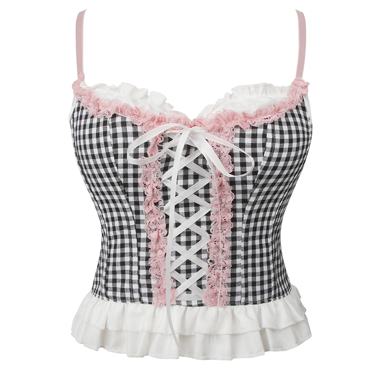 Vintage-Style Gingham Corset Top with Lace Trim - Women's Fashion Blouse N23749
