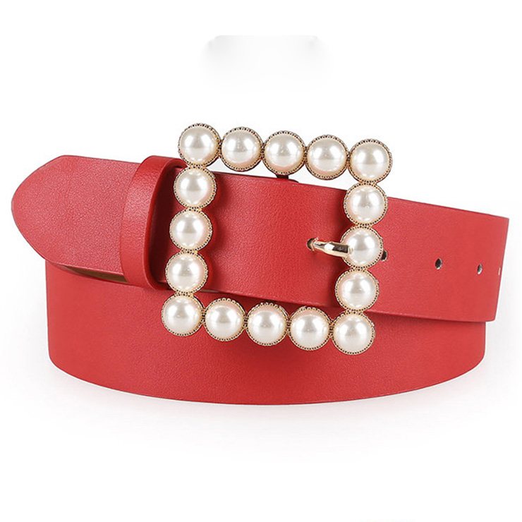 Hot Red PU Leather Pearl Square Buckle Cincher Waist Belt N18773