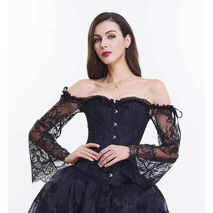 Women's Fashion Plastic Boned Black Overbust Corset with Long Floral Lace Sleeve N14474