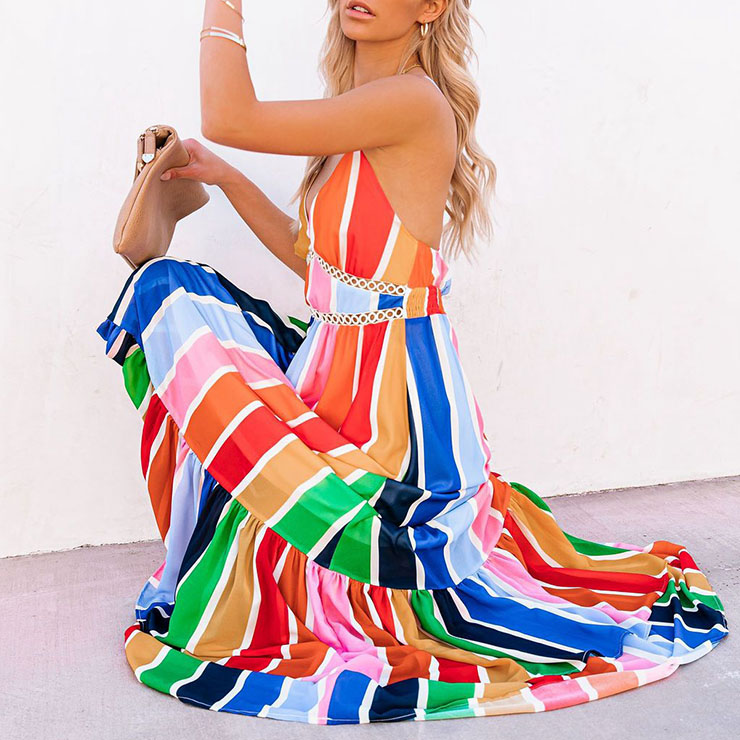 Fashion Rainbow Stripes Print Deep V  Backless Lace Stitching Ruffle Maxi Slip Dress N21016
