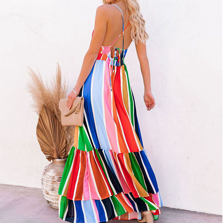 Fashion Rainbow Stripes Print Deep V  Backless Lace Stitching Ruffle Maxi Slip Dress N21016