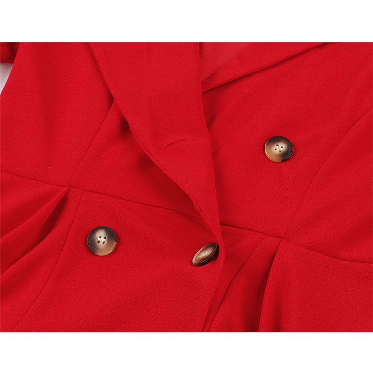 Fashion Red Lapel Short Sleeve Button High Waist A-line Swing Dress N20967