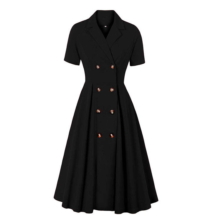 Fashion Black Lapel Short Sleeve Button High Waist A-line Swing Dress N23038