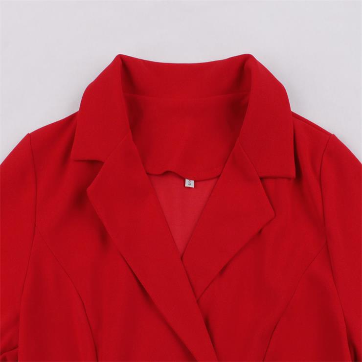 Fashion Red Lapel Short Sleeve Button High Waist A-line Swing Dress N23463