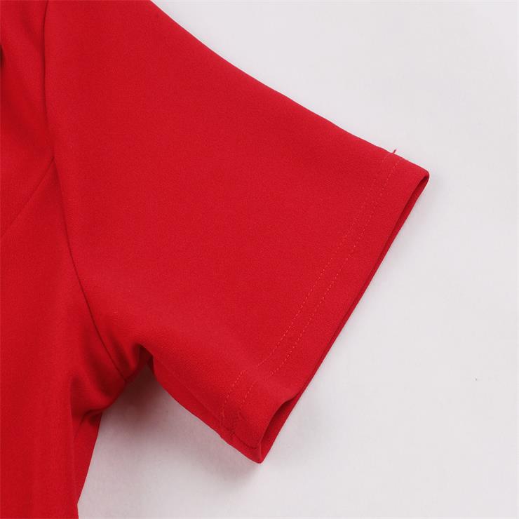 Fashion Red Lapel Short Sleeve Button High Waist A-line Swing Dress N23463